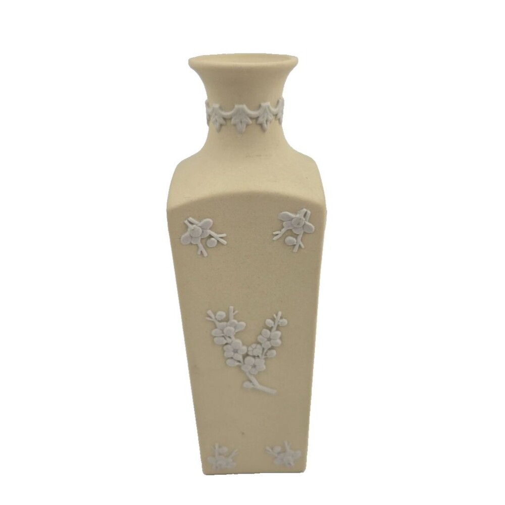 Wedgwood Jasperware Yellow Primrose White Prunus Small Square Vase 5 1/2” Tall